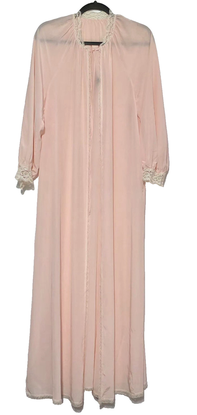 Vintage 1985 St Michael Peach Pink Peignoir Robe Lace Trim Made in UK Size 14/M